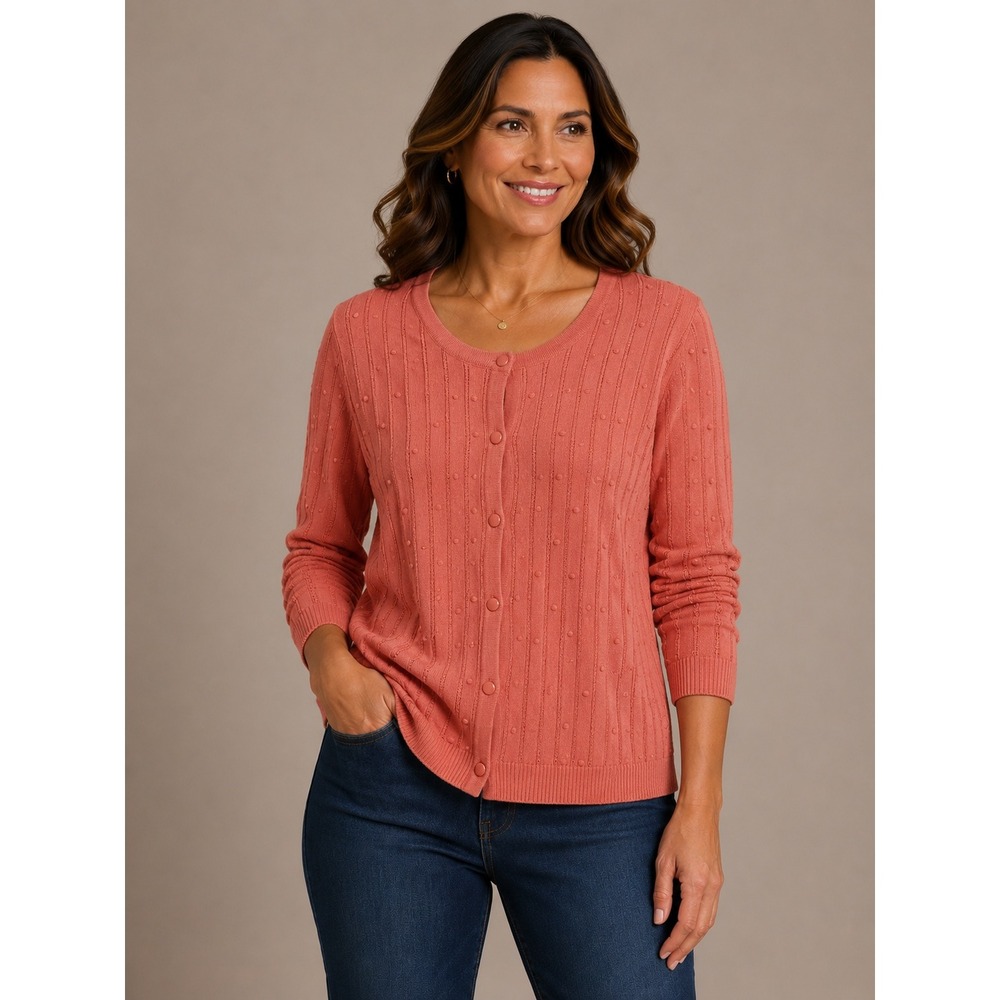 Christopher & Banks Petite Cardigan Sweater Pink Ribbed Pointelle NWT P/XL